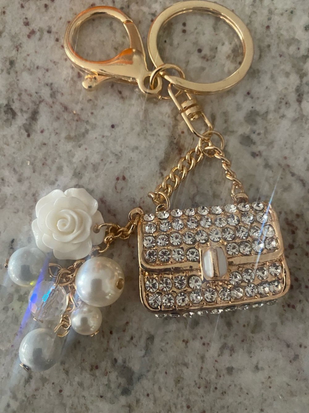 Gold Crystal Mini Purse bag charm Keychain with White Rose and Pearls NWOT - Picture 2 of 5